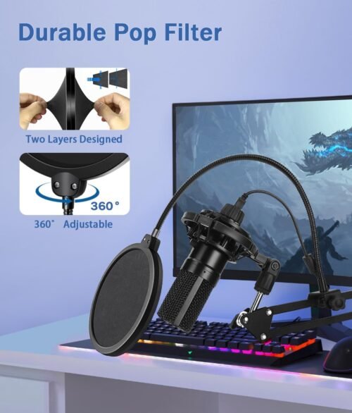 BILIONE Microphone Stand, Mic Boom Arm Stand for Blue Yeti QuadCast S SoloCast Snowball AM8 and other Mics, with Pop Filter Shock Mount Microphone Clip Cable Ties - 이미지 4