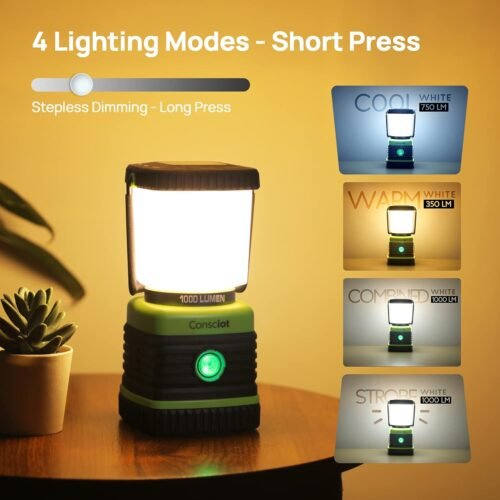 LED Camping Lantern, Consciot Battery Powered Camping Lights, 1000LM, 4 Light Modes, IPX4 Waterproof Tent Lights, Portable Flashlight for Power Outages, Emergency, Hurricane, Hiking, 2-Pack - 이미지 3