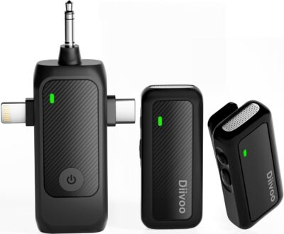 Diivoo 3 in 1 Wireless Lavalier Microphones, Wireless Mic for Camera Campatible iPhone, Android, Camera, USB-C Mini Mic, 100ft Transmission, 10-Hour Battery, Noise Cancelling for Video Recording