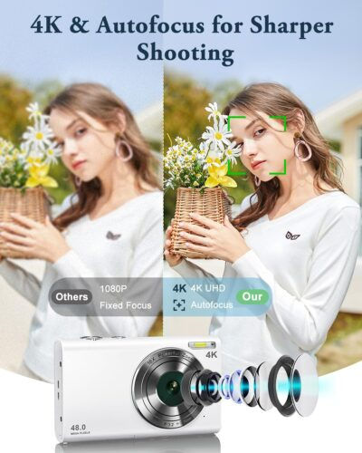 Digital Camera, 4K Autofocus Vlogging Camera with Flash, 48MP Point and Shoot Digital Camera with 16X Zoom, Anti-Shake, 32GB Card, Portable Compact Camera for Teens Adult Beginner(White) - 이미지 2