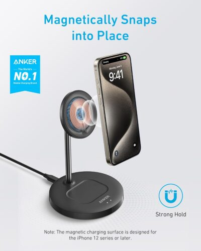 Anker iPhone 16 Wireless Charging Stand, PowerWave 2-in-1 Magnetic Stand Lite with USB-C Cable, For iPhone 16/15/14/13 Series, AirPods (No AC Adapter) - 이미지 2