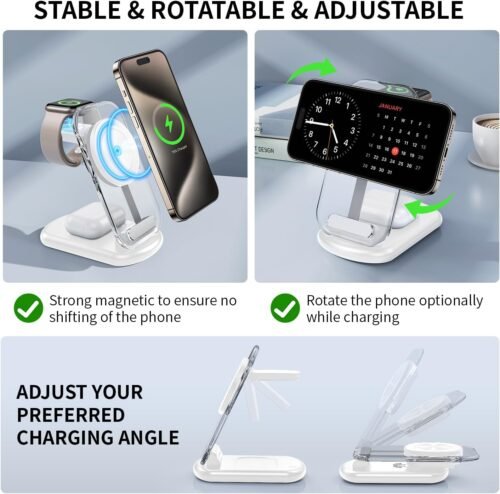 2025 Magnetic Wireless Mag-Safe Charger Stand,3 in 1 Charger with Light for iPhone 16 15 14 13 12 Pro Max Plus,Charging Pad for Apple Watch Series & Air pods 4 3 2 Pro(White) - 이미지 5