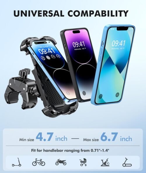 Motorcycle Phone Mount, Upgrade Bike Phone Mount [1s Lock][Secure Protection], 360° Rotatable Phone Holder for Mountain Bike/ATV/Scooter Handlebar Stand, Compatible with iPhone/Samsung 4.7-6.7" - 이미지 6