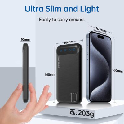 Power Bank 10000mAh Portable Charger Slim External Battery Pack with 2 USB 2.4A Outputs and USB C In/Out Compatible with Huawei iPhone 16 15 14 13 12 iPad Samsung Galaxy S20 Android Tablet (Black) - 이미지 6