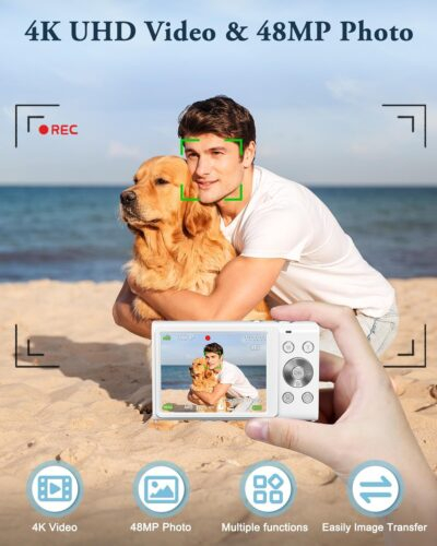 Digital Camera, 4K Autofocus Vlogging Camera with Flash, 48MP Point and Shoot Digital Camera with 16X Zoom, Anti-Shake, 32GB Card, Portable Compact Camera for Teens Adult Beginner(White) - 이미지 3