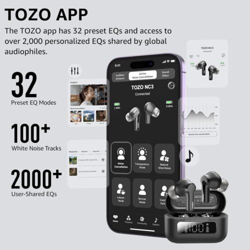 TOZO Hybrid Active Noise Cancelling Wireless Earbuds with 6 Mics AI Clear Call Ear Buds 55H Playtime with LED Display 32 Preset EQs via APP Bluetooth 5.3 IPX8 Waterproof in Ear Headphones - 이미지 4