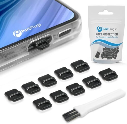 PortPlugs USB-C Dust Plugs – Easy-Grip Design with Cleaning Brush for iPhone 16/15 Plus/Pro Max, Samsung Galaxy S25/S24, A15, Pixel, iPad & Type-C Devices | Black (10-Pack)