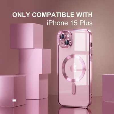 Misea Magnetic for iPhone 15 Plus Case Compatible with MagSafe [Never Yellowing] [Military Grade Drop Protection] Full Camera Lens Protector Plating Soft Clear Phone Case for Women Girls, Pink - 이미지 2