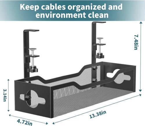 Under Desk Cable Management Tray No Drill, Metal Mesh Cable Management Under Desk with Clamp Mount, 2 Hole Cable Tray with Wire Management and Cord Organizer for Home Office Standing Desk - 이미지 7