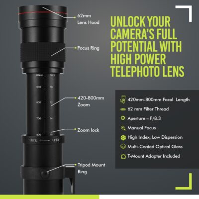 BM High-Power 420-800mm HD Manual Telephoto Zoom Lens Compatible with Canon EOS 80D, EOS 90D, Rebel T3, T3i, T5, T5i, T6i, T6s, T7, T7I, T8I, SL3, EOS 70D, EOS 5D, EOS5D IV, EOS 6D II, EOS 7D II - 이미지 2