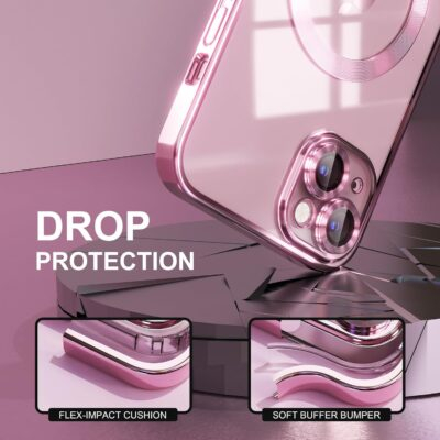 Misea Magnetic for iPhone 15 Plus Case Compatible with MagSafe [Never Yellowing] [Military Grade Drop Protection] Full Camera Lens Protector Plating Soft Clear Phone Case for Women Girls, Pink - 이미지 4