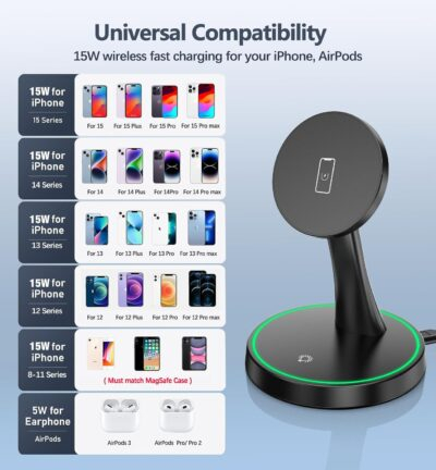 Magnetic Wireless Charger Stand 15W Fast Mag-Safe Charger for iPhone 16/16 Pro/16 Plus/16 Pro Max/15/14/13/12 Series Magnet Wireless Charging Station/Pad with Sleep-Friendly Light for AirPods - 이미지 7