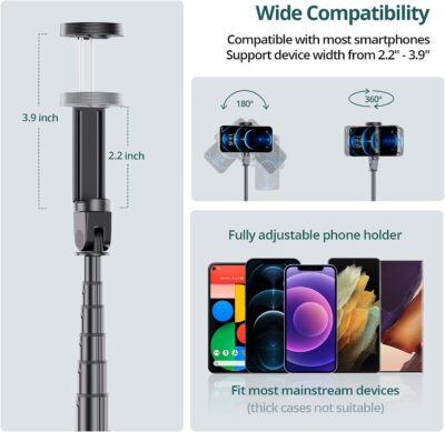 ATUMTEK 65" Selfie Stick Tripod, All in One Extendable Phone Tripod Stand with Bluetooth Remote 360° Rotation for iPhone and Android Phone Selfies, Video Recording, Vlogging, Live Streaming, Black - 이미지 5