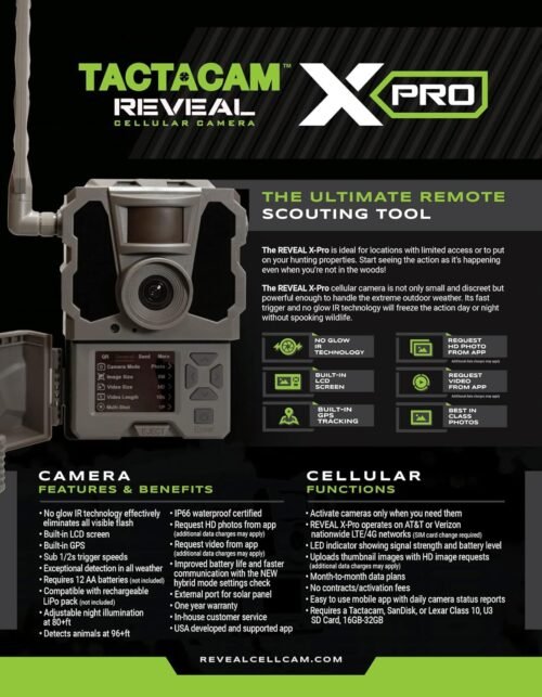 TACTACAM Reveal X PRO Cellular Trail Camera, Verizon and AT&T, NO Glow, Integrated GPS Tracking, Built in LCD Screen, HD Photo and HD Video (X-PRO)