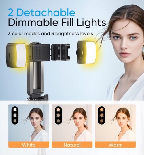 MAGIC JOHN Phone Tripod, Portable Selfie Stick, Pocket Size Selfie Stick for iphone, Selfie Stick with Wireless Detachable Remote Control & 2 Fill Light for Photograph, Live Streaming, Video Recording - 이미지 3