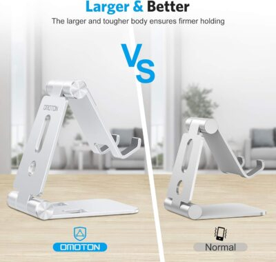 OMOTON Foldable Cell Phone Stand, C4 Portable Aluminum Phone Holder, Adjustable Phone Dock Cradle Compatible with iPhone 16/15/14/13 Pro Max, Samsung Galaxy, Small Tablets, All Smart Phones, Silver - 이미지 2