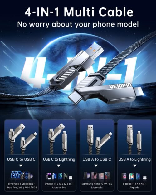 [Upgraded] 4-in-1 USB C Cable 60W 5FT Lightning Cable Fast Charging Flat Nylon Braided for iPhone iPad Charger Cord [480Mbps Data Sync] Multi Charge Wire Combo with Lightning/Type C/USB A Port - 이미지 2
