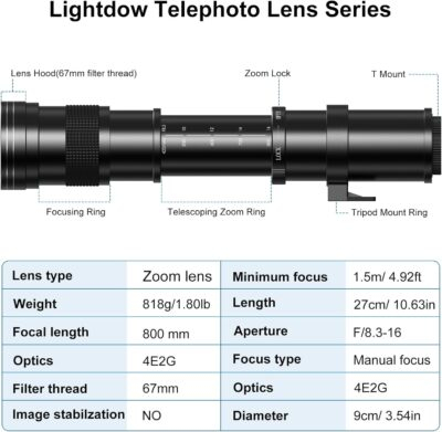 EF/EF-S 420-800mm F/8.3 Telephoto Zoom Lens - Manual DSLR Cameras Lenses+ T-Mount for Canon EOS Rebel T8i/T7i/T7/T6s/T6i/T6/T5i/T5/T4i/T3i/T3/T2i/T1i/250D/750D/760D/1200D/1300D/2000D/4000D/6D/5D - 이미지 2