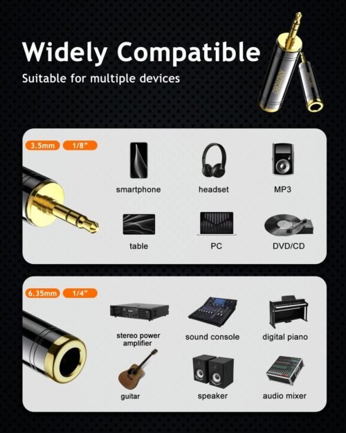 ANDTOBO 1/4'' to 3.5 mm Stereo Pure Copper Headphone Adapter, 3.5 mm(1/8'') Plug Male to 6.35 mm (1/4'') Jack Female Stereo Adapter for Headphone, Amp Adapter, Black 2-Pack - 이미지 5