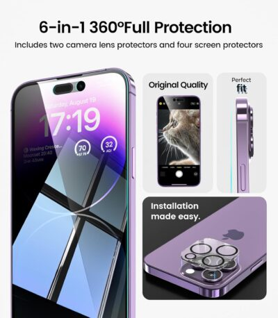 EZ-GLAZ-4 Pack for iPhone 14 Pro Max Privacy Screen Protector[6.7 inches] With 2 Pack Camera Lens Protector, [Drop Protection] 9H Hardness Scratch Resistant Tempered Glass Film, Easy to install - 이미지 8