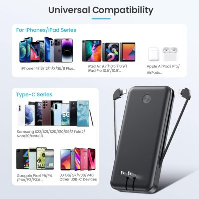Portable Charger with Built-in Cables & AC Wall Plug,Upgraded 13800mAh USB-C Power Bank, 4 Output LCD Display External Battery Pack Phone Charger Compatible with iPhone 16/15/14/13 Samsung Android etc - 이미지 6