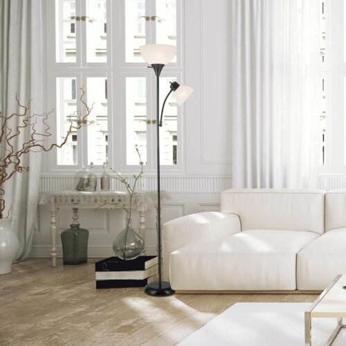 GLOBE Electric 67135 72" Torchiere Floor Lamp + Adjustable Reading Light, Matte Black, Frosted Plastic Shade, 3-Step Rotary Switch on Socket, Living Room Décor, Reading Light, Home Essentials - 이미지 2