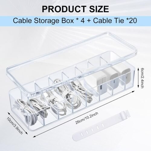 Tatuo 4 Pcs Cable Organizer with 40 Wire Ties, Clear Plastic Cord Charger Storage Box with Clear Lid for Home Office Desk Organization and Accessories - 이미지 2