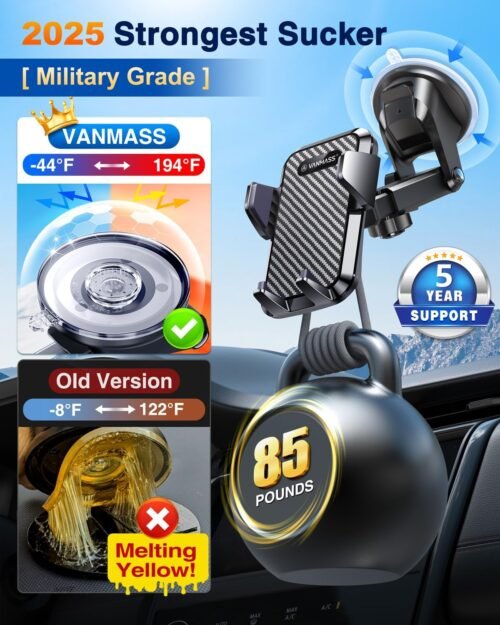 VANMASS 【85+LBS Strongest Suction & Military-Grade 2025 Ultimate Car Phone Mount【Patent & Safety Certs】 Cell Phone Holder Truck Stand for Dashboard Windshield Vent for iPhone 16 15 Pro Max 14 Samsung - 이미지 4