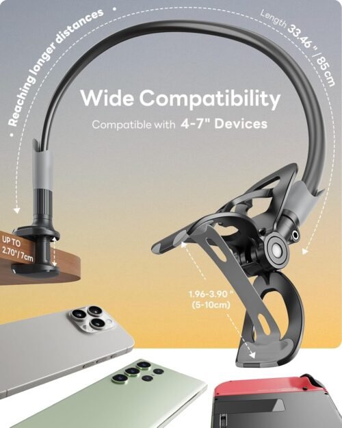 SAIJI Gooseneck Bed Phone Holder, Flexible Long Arm Phone Mount for Desk, Clip Bracket Clamp Stand, iPhone Stand, Mobile Cell Phone Stand Document Camera Nintendo Switch (Black) - 이미지 2