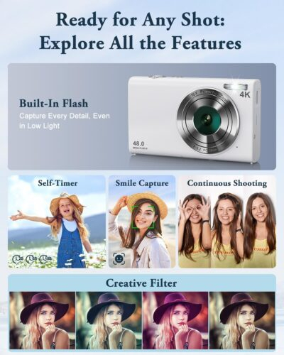 Digital Camera, 4K Autofocus Vlogging Camera with Flash, 48MP Point and Shoot Digital Camera with 16X Zoom, Anti-Shake, 32GB Card, Portable Compact Camera for Teens Adult Beginner(White) - 이미지 5