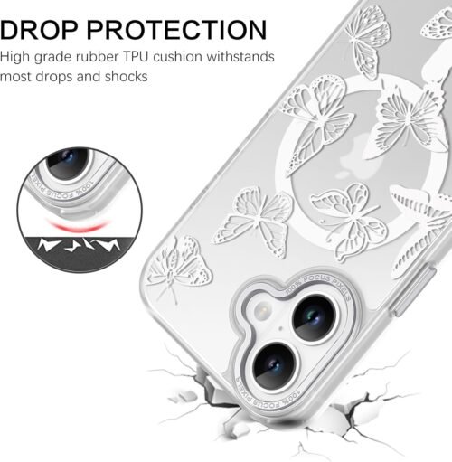 BENTOBEN for iPhone 16 Plus Case,Cute Butterfly Pattern iPhone 16 Plus Magnetic Case [Compatible with MagSafe] Translucent Matte Slim Women Girl Protective Cover Case for iPhone 16 Plus 6.7",White - 이미지 4