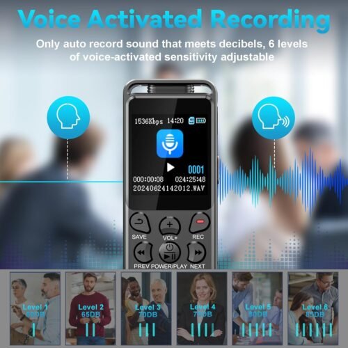 144GB Digital Voice Recorder with Playback, Volorful 1536Kbps Audio Recorder for Interviews Meetings, Voice Activated Recorder Recording Device with Noise Reduction, MP3 Stereo Player, Microphone - 이미지 7