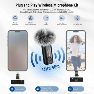 NEEWER Vlogging Kit for Phone with RGB LED Light/Lavalier Wireless Microphone System/Mini Table Tripod/Phone Cage Video Rig, Content Creator Essentials for iPhone Android Podcast YouTube, PA049 - 이미지 4