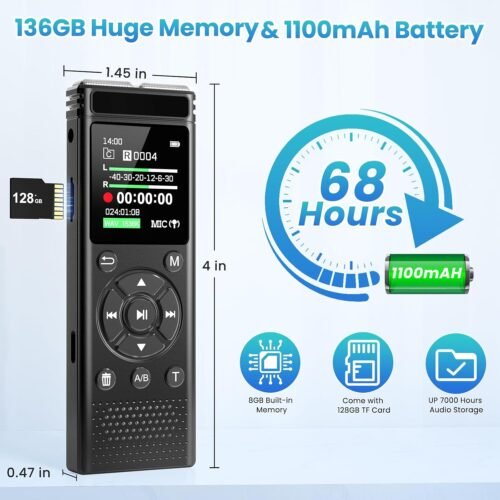 136GB Digital Voice Recorder with Playback,9000 Hours Audio Recording Device,Voice Activated Recorder with Noise Reduction,A-B Repeat,Mp3 Player and Password for Lectures Meeting/Classes/Interviews - 이미지 3