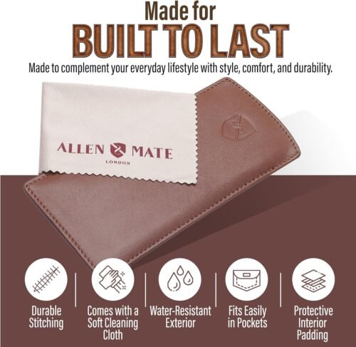 ALLEN & MATE Real Leather Glasses Case Slim Soft Pouch Sleeve for Reading Spectacles with Glass Cleaning Cloth - 이미지 4