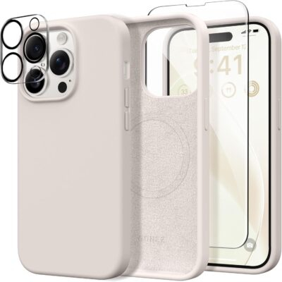 GONEZ for iPhone 14 Pro Max Case Silicone, Compatible with MagSafe, with Screen Protector + Camera Lens Protector, Liquid Silicone Shockproof Protective iPhone 14 ProMax Case 6.7", Stone