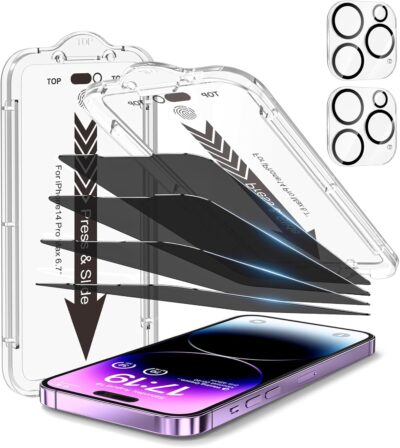 EZ-GLAZ-4 Pack for iPhone 14 Pro Max Privacy Screen Protector[6.7 inches] With 2 Pack Camera Lens Protector, [Drop Protection] 9H Hardness Scratch Resistant Tempered Glass Film, Easy to install