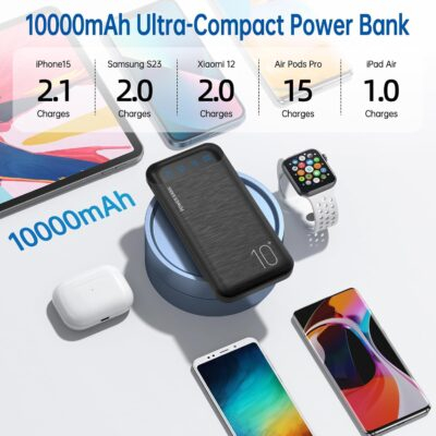 Power Bank 10000mAh Portable Charger Slim External Battery Pack with 2 USB 2.4A Outputs and USB C In/Out Compatible with Huawei iPhone 16 15 14 13 12 iPad Samsung Galaxy S20 Android Tablet (Black) - 이미지 3