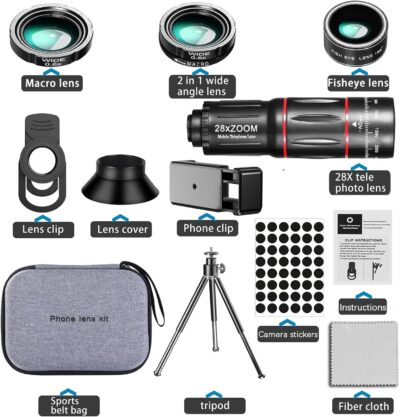 Phone Camera Lens Kit Upgraded Version Telephoto 28X Wide Angle 0.6X Macro 20X Fisheye 198° for Most - 이미지 2