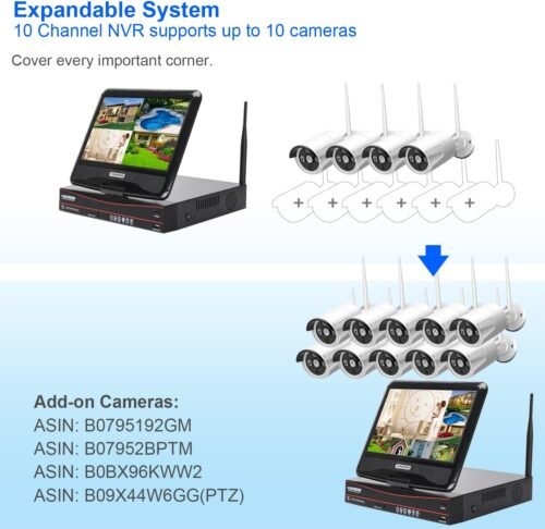 10CH Expandable Wireless Security Camera System with 10.1" Monitor 4pcs 5MP Indoor Outdoor Camera 1-Way Audio Night Vision Motion Detection Home Business CCTV Surveillance 1TB HDD - 이미지 4