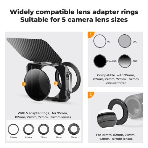 K&F Concept Mini Matte Box +ND8, DSLR Camera Matte Box with Carbon Fiber Top Flag for 67mm/72mm/77mm/82mm/95mm Lenses, with Filter Trays for 4x5.65 Filter/Circular Filter - 이미지 4