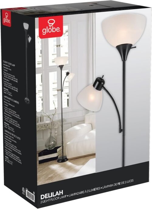 GLOBE Electric 67135 72" Torchiere Floor Lamp + Adjustable Reading Light, Matte Black, Frosted Plastic Shade, 3-Step Rotary Switch on Socket, Living Room Décor, Reading Light, Home Essentials - 이미지 8