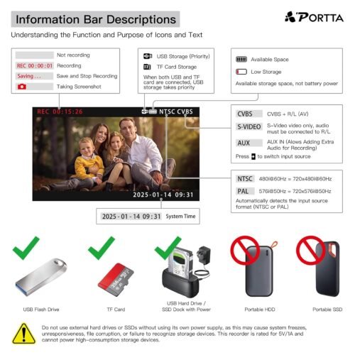 Portta VHS to Digital Converter, Video to Digital Recorder with Remote, Compatible with VHS, VCR, DVR, DVD, Cassette, Hi8, Mini DV Players, Camcorder, Gaming Consoles (Player not Included) - 이미지 9