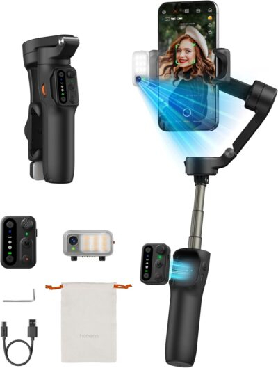 Hohem iSteady V3 Gimbal Stabilizer for Smartphone, 3-Axis Stabilization with AI Tracker, Detachable Remote Control, Built-in Extension Rod and Tripod, Portable and Foldable, Video Recording, Black