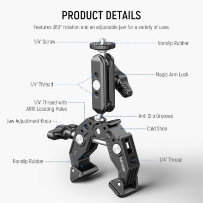 NEEWER Super Clamp with 3" Dual Ballhead Magic Arm, Cold Shoe, 1/4" Threads, Phone/Action Camera Mount Adapter for Desk Tripod Tube Crossbar Gimbal Rods Compatible with SmallRig GoPro DJI, ST83 - 이미지 2