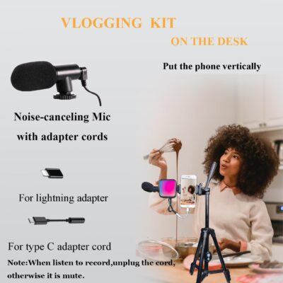 Vlogging kit for iPhone, YouTube Starter Kit, Vlogging Kit for Andriod Phone,Content Creator Essentials, w/RGB Light/Tripod/Mic/Jack Adapter/Remote - 이미지 5