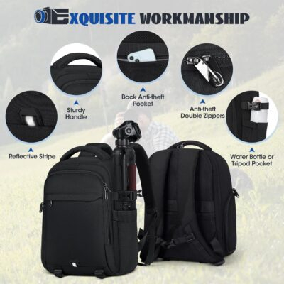 RAINSMORE Camera Backpack Camera Bag for Photographers DSLR SLR Mirrorless Camera Cases with Waterproof Rain Cover & Laptop Compartment Fits 14 Inch Laptop,Anti Theft Travel photography backpack,Black - 이미지 8