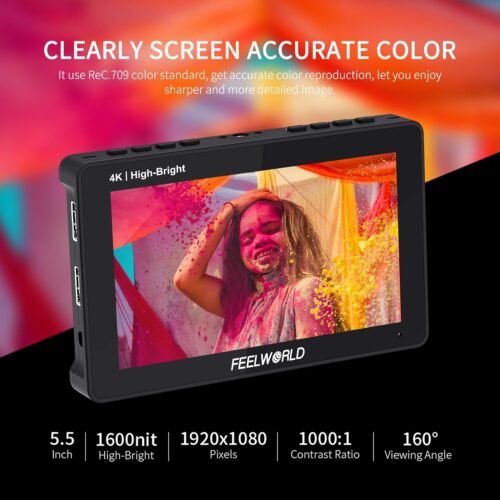 FEELWORLD F5 Prox 5.5 Inch 1600nit High Bright DSLR Camera Field Monitor Touchscreen Waveform 3D LUT F970 External Kit Install for Power Wireless Transmission 1920x1080 4K HDMI in Out Type-c Input - 이미지 3
