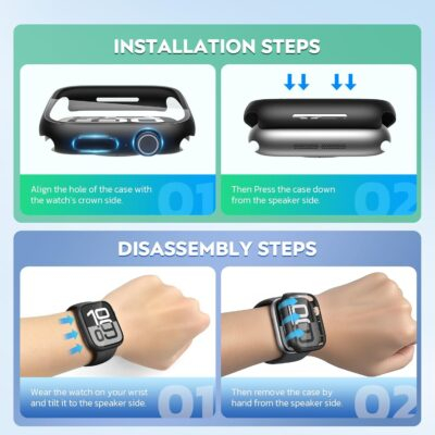 Misxi [2 Pack] Waterproof Black Hard Case with Tempered Glass Compatible with Apple Watch SE 2 (2024) SE Series 6 Series 5 Series 4 44mm, Ultra-Thin Protective Cover for iWatch Screen Protector - 이미지 7