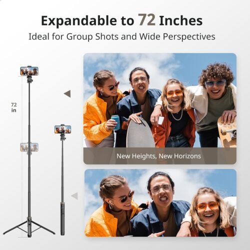 Sensyne 72" Extendable Tripod for iPhone & Selfie Stick with Detachable Phone Holder & Wireless Remote, Compatible with All Cell Phones, Black - 이미지 3